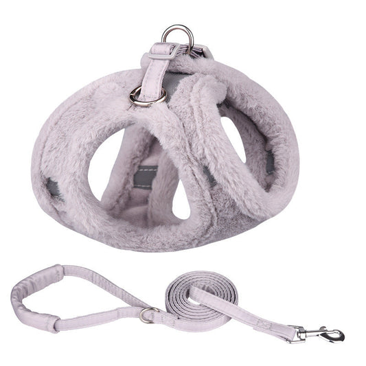 HKM-509779 Plush Warm Vest with Adjustable Dog Leash in Blue, Pink, White, Gray - Multiple Sizes Available