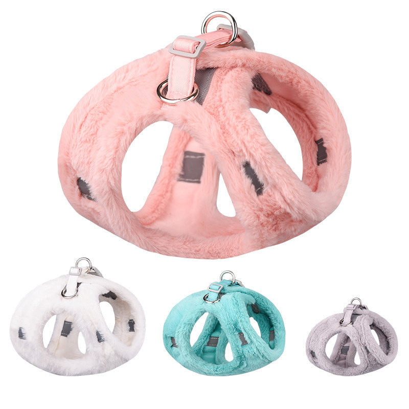 HKM-509779 Plush Warm Vest with Adjustable Dog Leash in Blue, Pink, White, Gray - Multiple Sizes Available