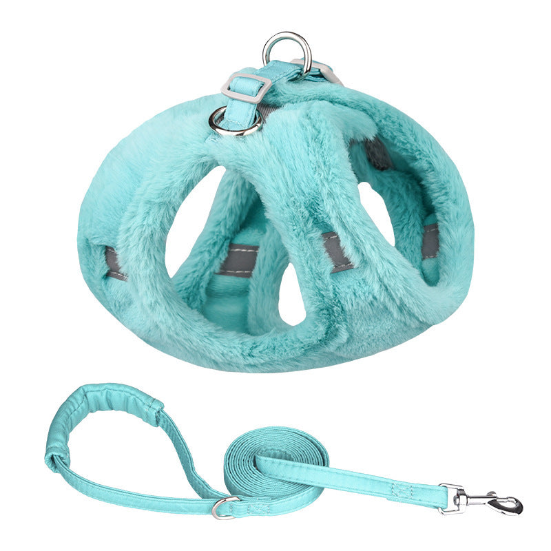 HKM-509779 Plush Warm Vest with Adjustable Dog Leash in Blue, Pink, White, Gray - Multiple Sizes Available