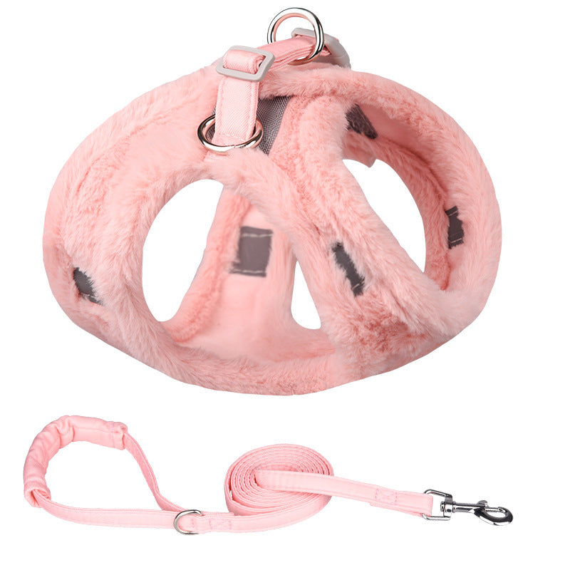 HKM-509779 Plush Warm Vest with Adjustable Dog Leash in Blue, Pink, White, Gray - Multiple Sizes Available