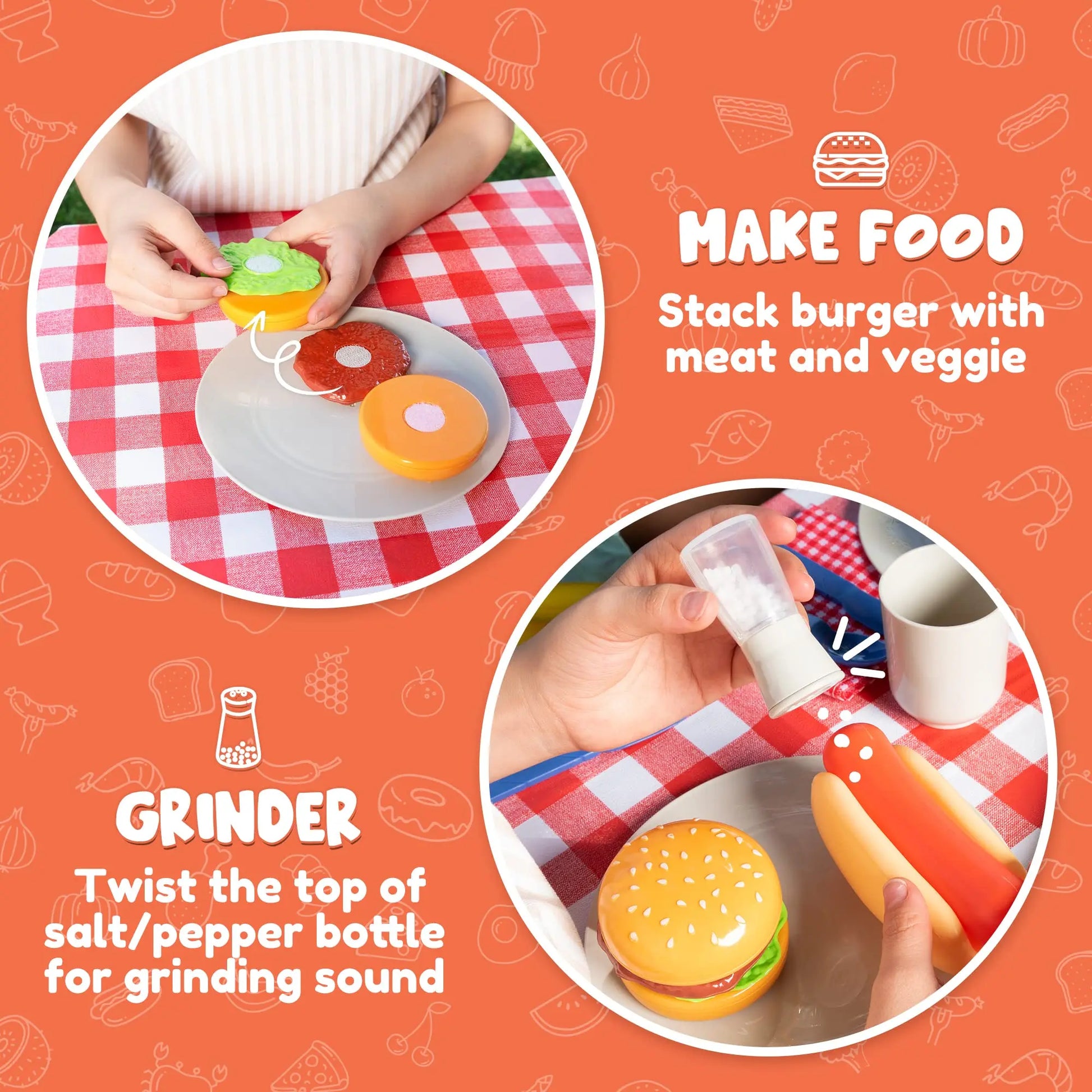 HKM-510227 Kids BBQ Grill Play Set with Realistic Sounds and Lights - 34 Piece Cooking Toy for Ages 2-13