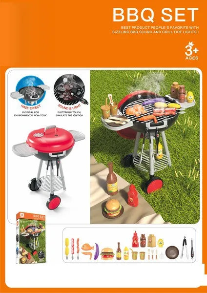 HKM-510227 Kids BBQ Grill Play Set with Realistic Sounds and Lights - 34 Piece Cooking Toy for Ages 2-13