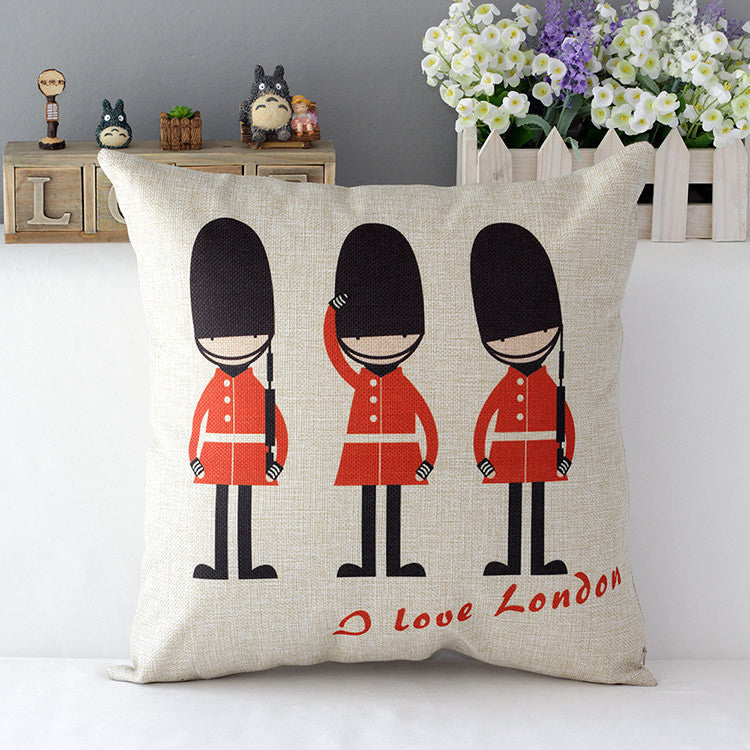 HKM-510547 Retro British Style Cotton Cushion Cover with Cartoon Pattern, 45x45cm