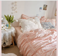 HKM-510739 Korean Style Cotton Bed Skirt and Pillowcase Set - Plain Cherry Blossom Design for 1.5m, 1.8m, 2.0m Beds
