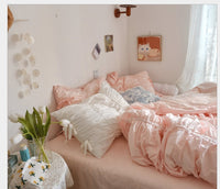 HKM-510739 Korean Style Cotton Bed Skirt and Pillowcase Set - Plain Cherry Blossom Design for 1.5m, 1.8m, 2.0m Beds