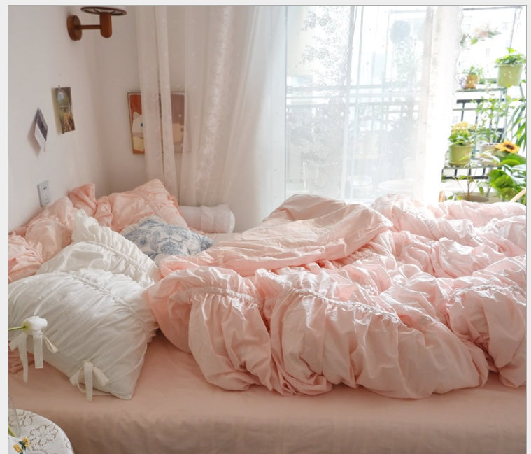HKM-510739 Korean Style Cotton Bed Skirt and Pillowcase Set - Plain Cherry Blossom Design for 1.5m, 1.8m, 2.0m Beds