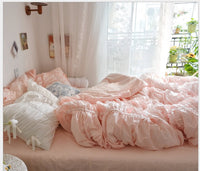 HKM-510739 Korean Style Cotton Bed Skirt and Pillowcase Set - Plain Cherry Blossom Design for 1.5m, 1.8m, 2.0m Beds
