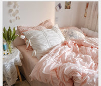HKM-510739 Korean Style Cotton Bed Skirt and Pillowcase Set - Plain Cherry Blossom Design for 1.5m, 1.8m, 2.0m Beds