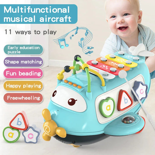 HKM-511315 3-in-1 Rainbow Xylophone Music Plane Educational Toy for Kids with Keyboard and Puzzle Blocks