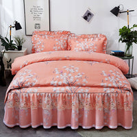 HKM-511571 Lace Bed Skirt Set - Four-Piece Non-Slip Bedspread in Plant Cashmere Fabric