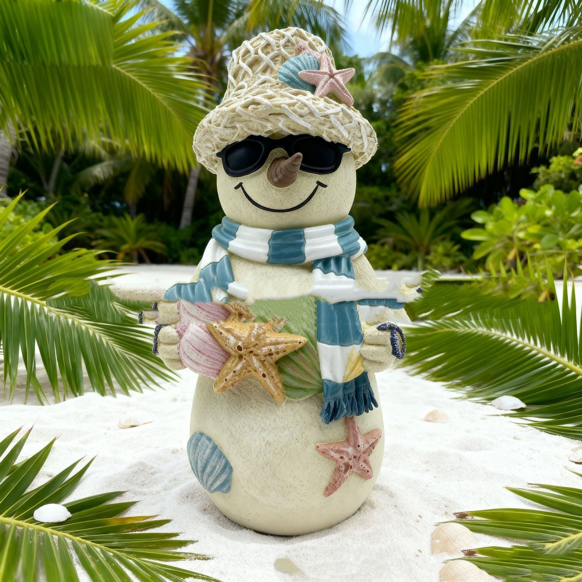 HKM-511699 Beach-Themed Resin Snowman Decoration for Christmas 18cm with Fun Ornaments