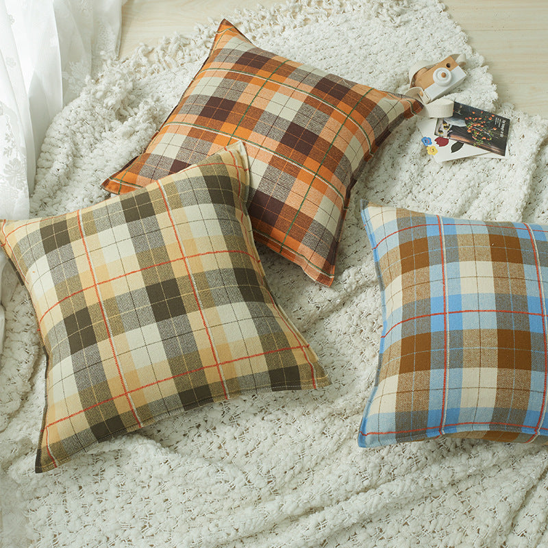 HKM-511699 Brushed Plaid Pillow Cover in Yellow, Orange, and Blue – Soft and Comfortable 45x45cm