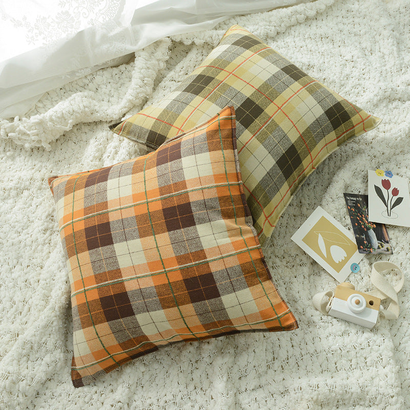 HKM-511699 Brushed Plaid Pillow Cover in Yellow, Orange, and Blue – Soft and Comfortable 45x45cm