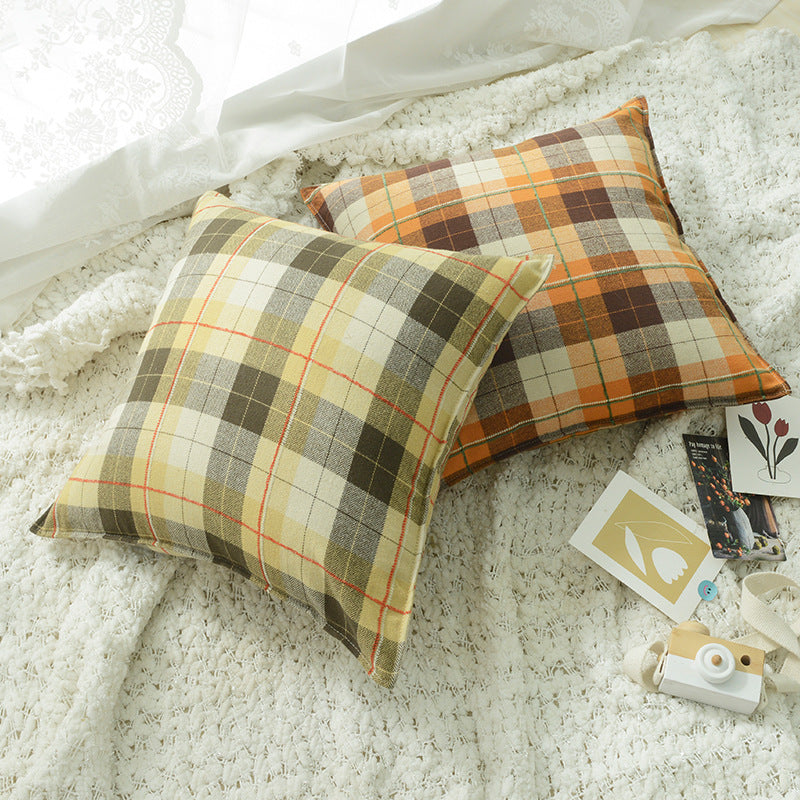 HKM-511699 Brushed Plaid Pillow Cover in Yellow, Orange, and Blue – Soft and Comfortable 45x45cm