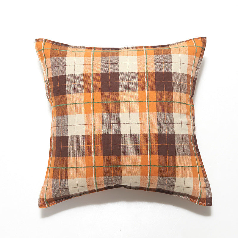 HKM-511699 Brushed Plaid Pillow Cover in Yellow, Orange, and Blue – Soft and Comfortable 45x45cm