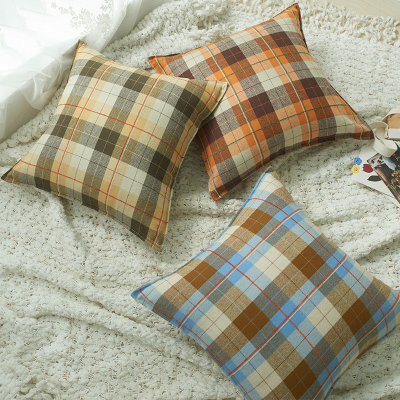 HKM-511699 Brushed Plaid Pillow Cover in Yellow, Orange, and Blue – Soft and Comfortable 45x45cm