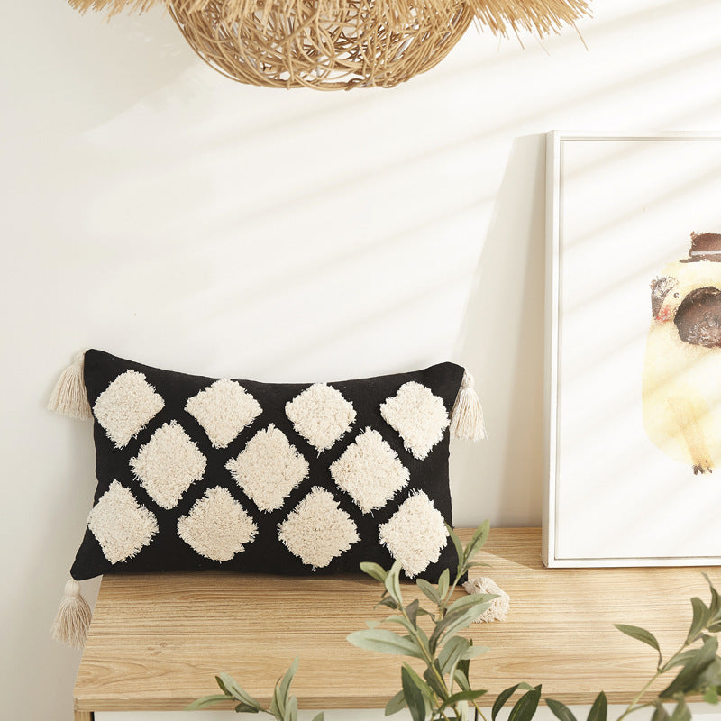 HKM-512019 Ethnic Style Rectangular Lumbar Support Cushion Pillow Cover - Black & White Patterns