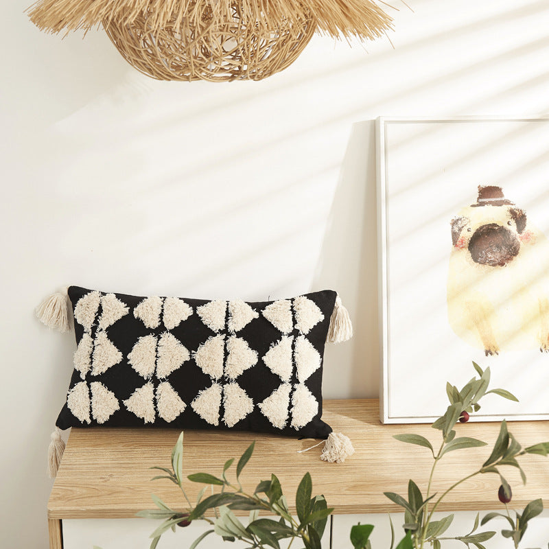 HKM-512019 Ethnic Style Rectangular Lumbar Support Cushion Pillow Cover - Black & White Patterns