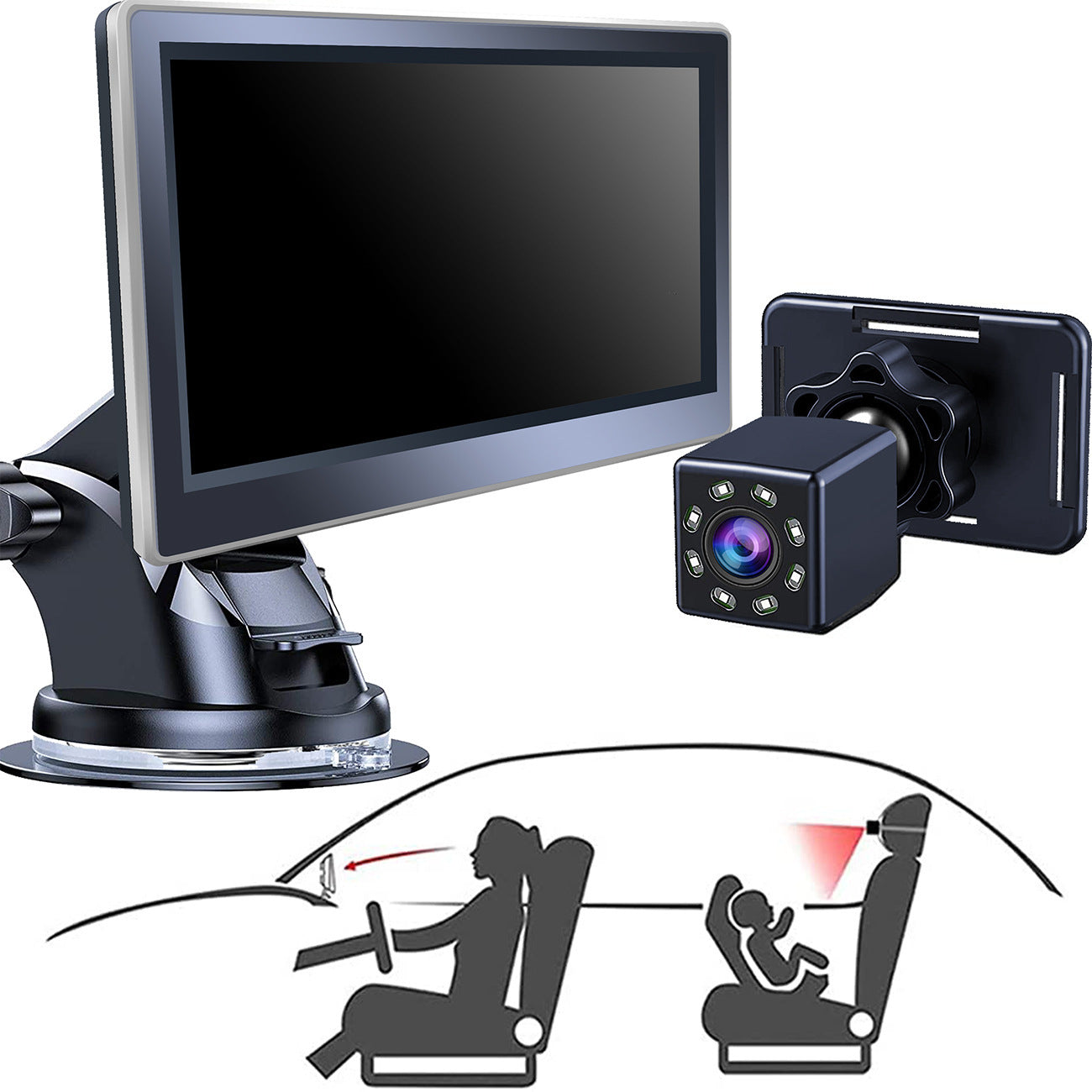 HKM-512083 5-Inch Car Infant Baby Infrared Night Vision Rearview Mirror with 150° Angle Lens and IP68 Waterproof Rating