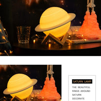 HKM-512339 3D Printed Saturn Lunar Lamp with Remote Control and Solid Wood Support