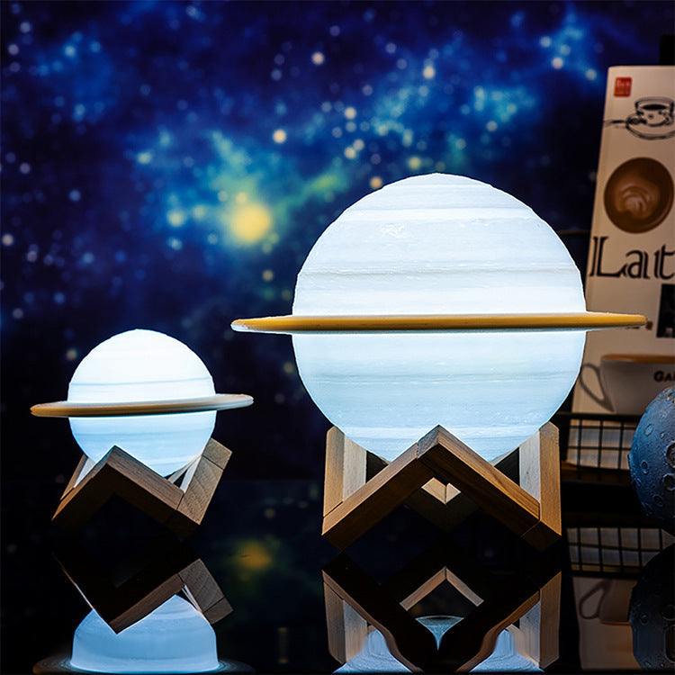 HKM-512339 3D Printed Saturn Lunar Lamp with Remote Control and Solid Wood Support