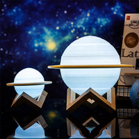 HKM-512339 3D Printed Saturn Lunar Lamp with Remote Control and Solid Wood Support
