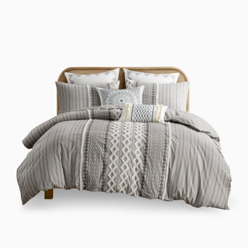 HKM-512723 Full Queen Cotton Printed Duvet Cover Set with Chenille, Multicolor Geometric Design, Includes 2 Shams, Machine Washable