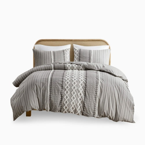HKM-512723 Full Queen Cotton Printed Duvet Cover Set with Chenille, Multicolor Geometric Design, Includes 2 Shams, Machine Washable