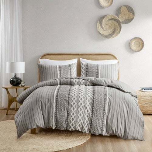 HKM-512723 Full Queen Cotton Printed Duvet Cover Set with Chenille, Multicolor Geometric Design, Includes 2 Shams, Machine Washable