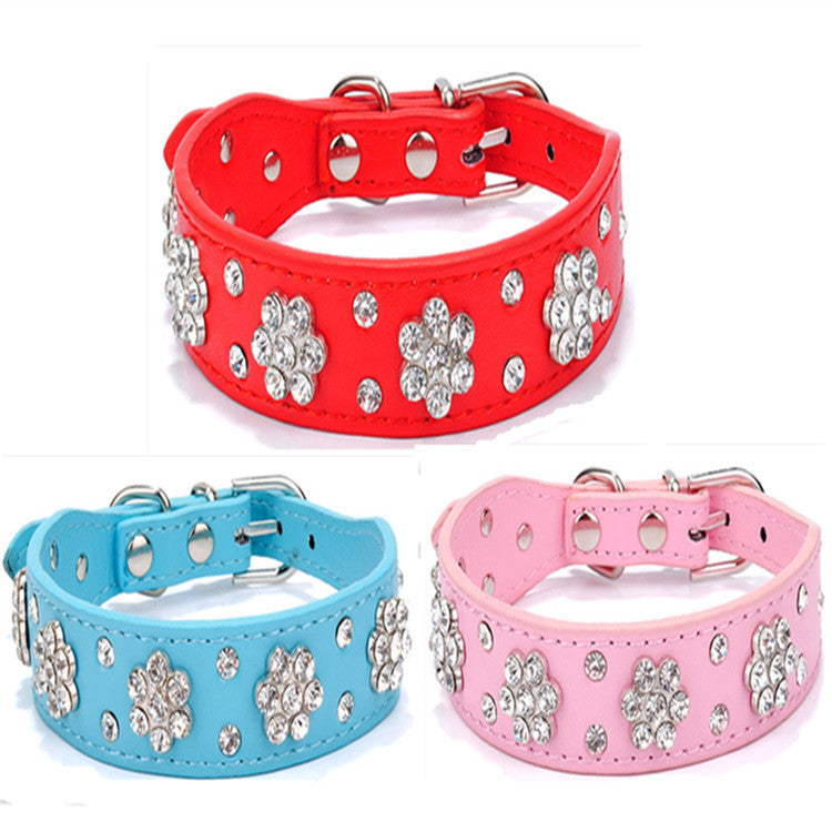 HKM-512723 Rhinestone Dog Collar in Blue, Black, Red, Pink - PU Material, Multiple Sizes Available