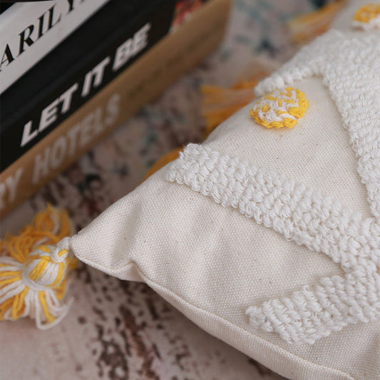 HKM-512851 Hand-Embroidered Geometric Cotton and Linen Cushion Cover with Tassels