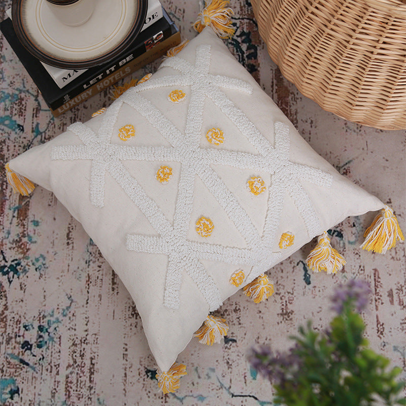 HKM-512851 Hand-Embroidered Geometric Cotton and Linen Cushion Cover with Tassels
