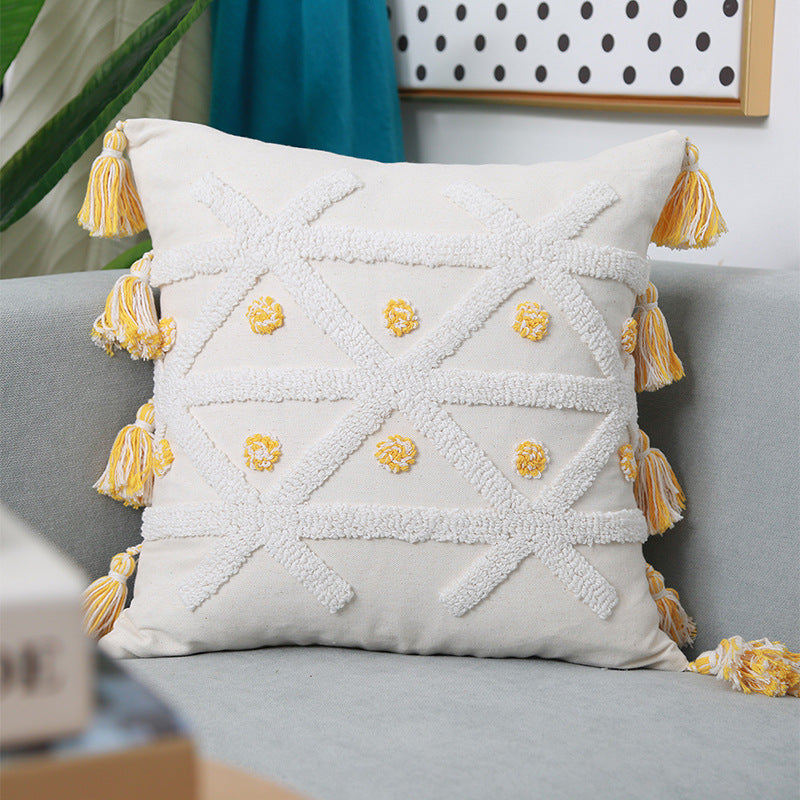 HKM-512851 Hand-Embroidered Geometric Cotton and Linen Cushion Cover with Tassels
