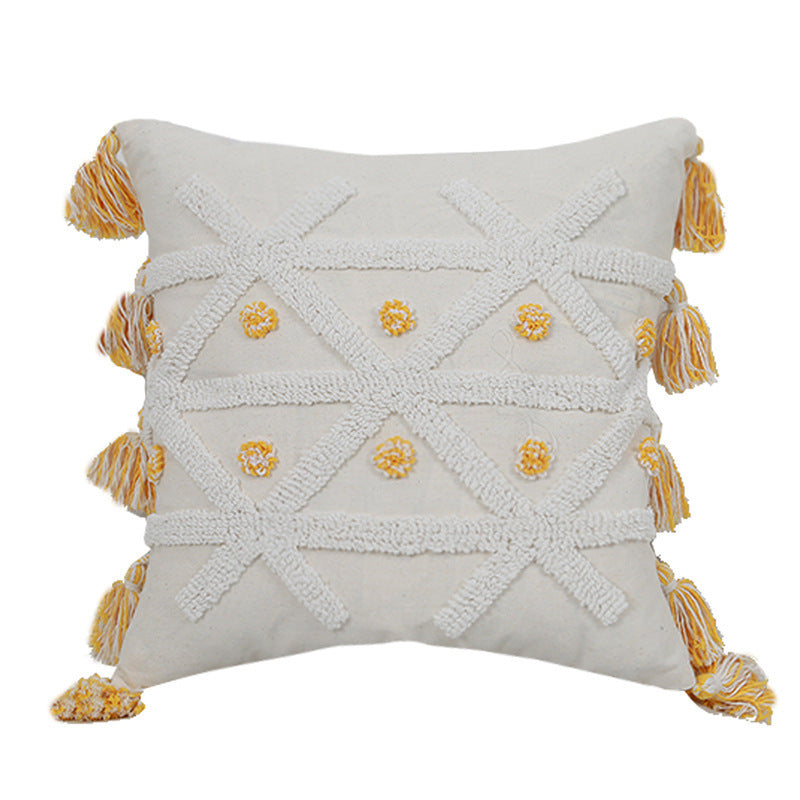 HKM-512851 Hand-Embroidered Geometric Cotton and Linen Cushion Cover with Tassels