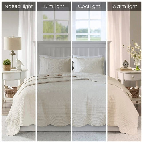 HKM-513043 Reversible Scalloped Edge Quilt Set, Cream, King/Cal King with Matching Shams, Lightweight Microfiber