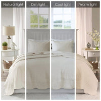 HKM-513043 Reversible Scalloped Edge Quilt Set, Cream, King/Cal King with Matching Shams, Lightweight Microfiber
