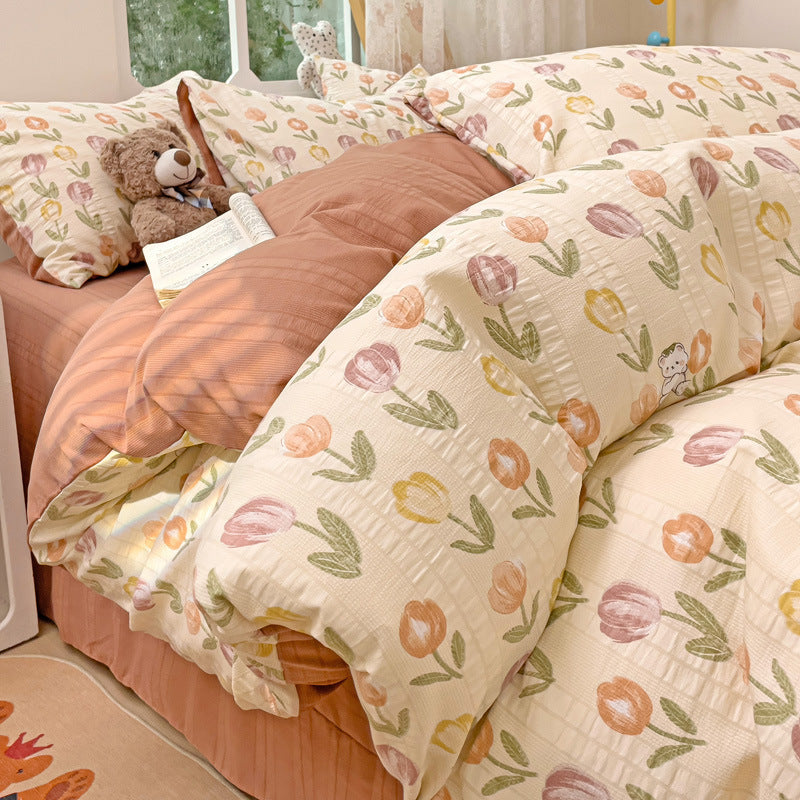 KTX-513683 Cotton Four-Piece Bedding Set with Plant and Flower Patterns, Available in Multiple Sizes