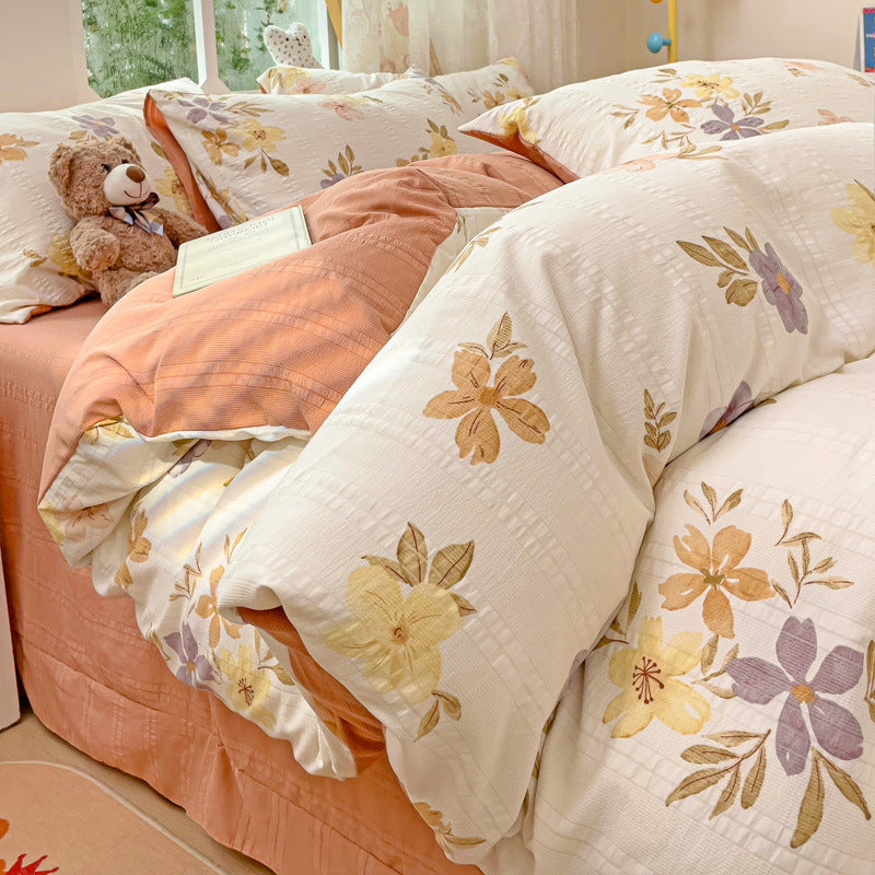 KTX-513683 Cotton Four-Piece Bedding Set with Plant and Flower Patterns, Available in Multiple Sizes