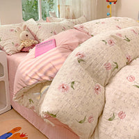 HKM-513683 Cotton Four-Piece Bedding Set with Plant and Flower Patterns, Available in Multiple Sizes