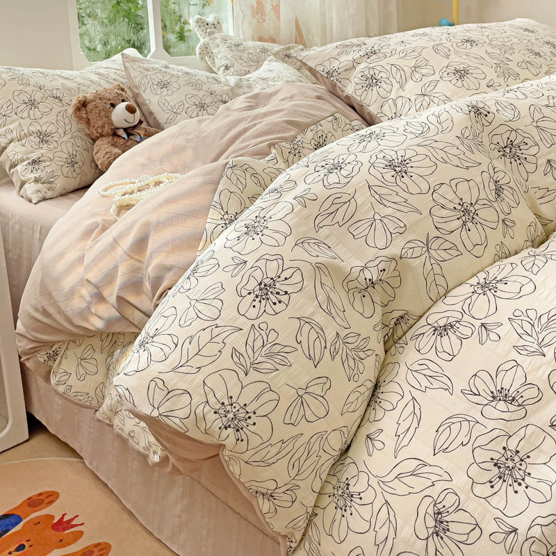 KTX-513683 Cotton Four-Piece Bedding Set with Plant and Flower Patterns, Available in Multiple Sizes