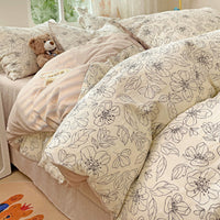 HKM-513683 Cotton Four-Piece Bedding Set with Plant and Flower Patterns, Available in Multiple Sizes