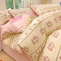 HKM-513683 Cotton Four-Piece Bedding Set with Plant and Flower Patterns, Available in Multiple Sizes