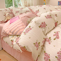 HKM-513683 Cotton Four-Piece Bedding Set with Plant and Flower Patterns, Available in Multiple Sizes