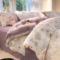 HKM-513683 Cotton Four-Piece Bedding Set with Plant and Flower Patterns, Available in Multiple Sizes