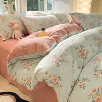 HKM-513683 Cotton Four-Piece Bedding Set with Plant and Flower Patterns, Available in Multiple Sizes
