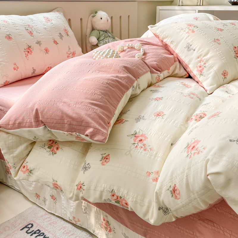 KTX-513683 Cotton Four-Piece Bedding Set with Plant and Flower Patterns, Available in Multiple Sizes