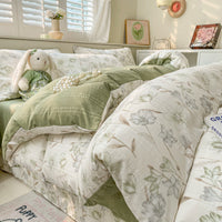 HKM-513683 Cotton Four-Piece Bedding Set with Plant and Flower Patterns, Available in Multiple Sizes
