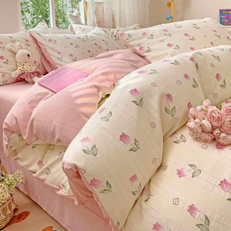 KTX-513683 Cotton Four-Piece Bedding Set with Plant and Flower Patterns, Available in Multiple Sizes
