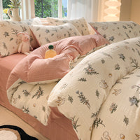 HKM-513683 Cotton Four-Piece Bedding Set with Plant and Flower Patterns, Available in Multiple Sizes