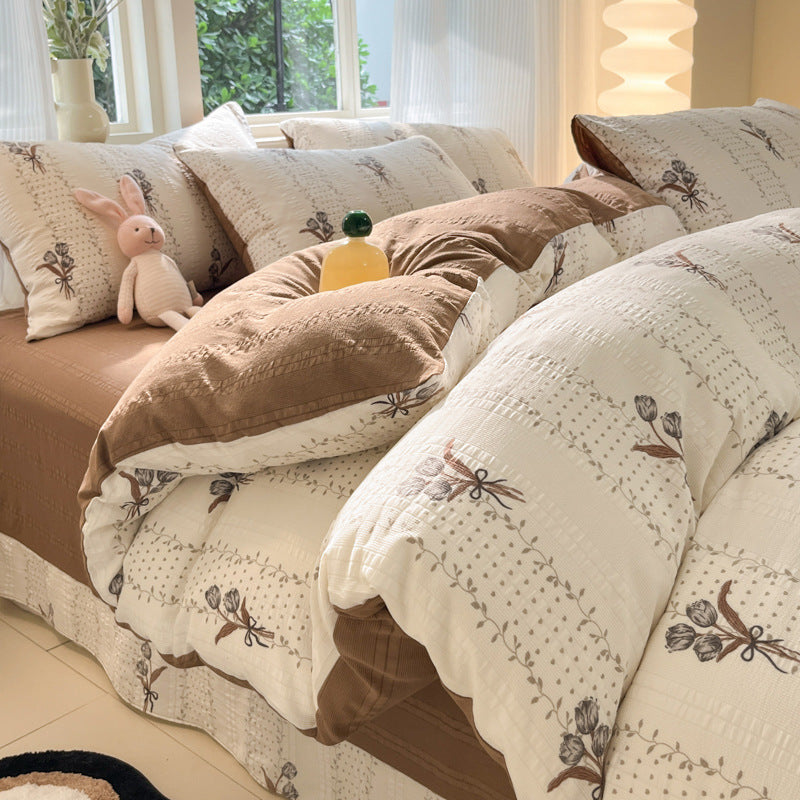 KTX-513683 Cotton Four-Piece Bedding Set with Plant and Flower Patterns, Available in Multiple Sizes